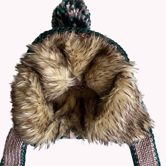 Pistil Knit Pink Green Earflap Hat Fur Lined Women's OS Vintage cabin - Picture 4 of 6